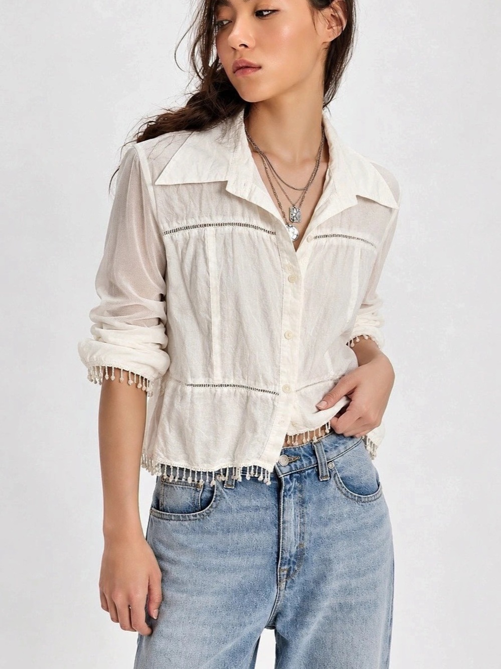 338. Ciel et Neige Cotton Fringe Blouse in White Size 38 Like New